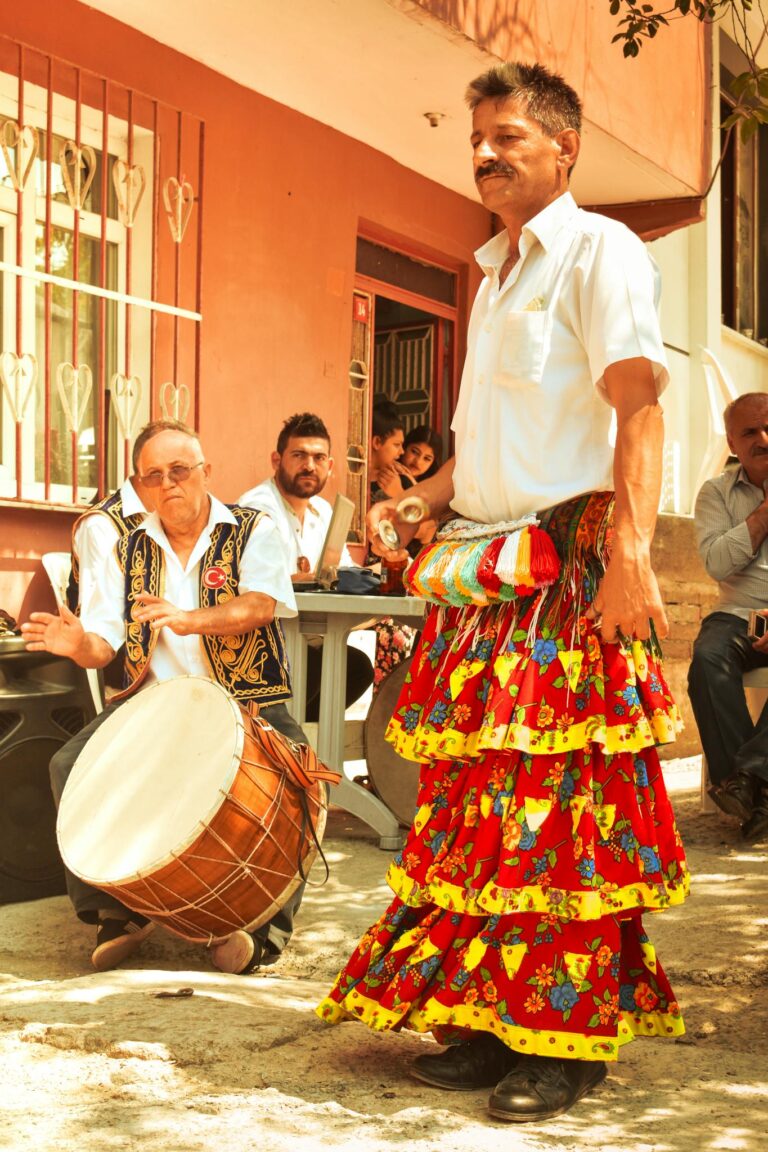 Men in traditional attire performing Turkish folk music in Cide, Turkey.